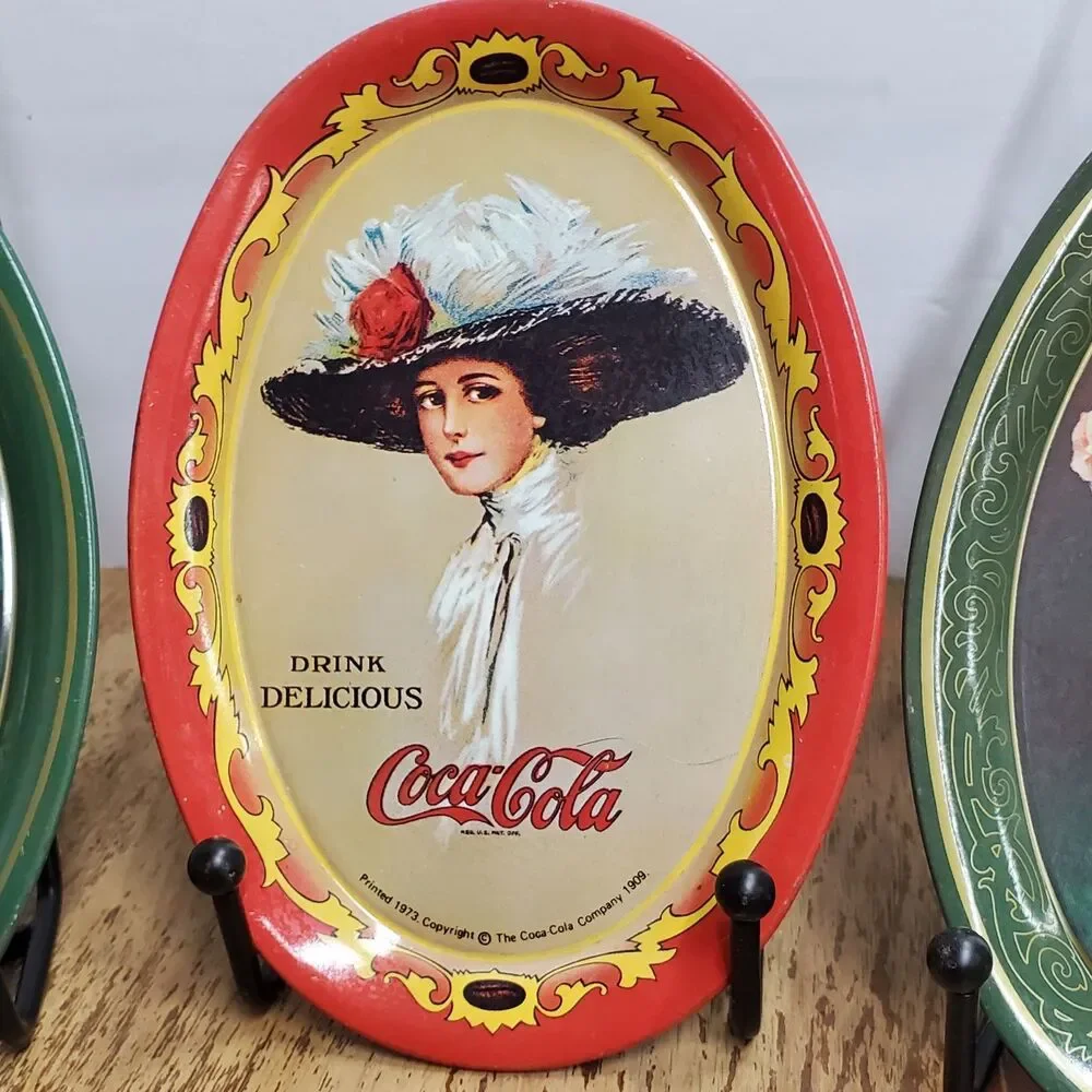 Vintage 1973 Coca Cola Mini Tin Tip Trays Oval Coke Girls Advertising Lot of 3